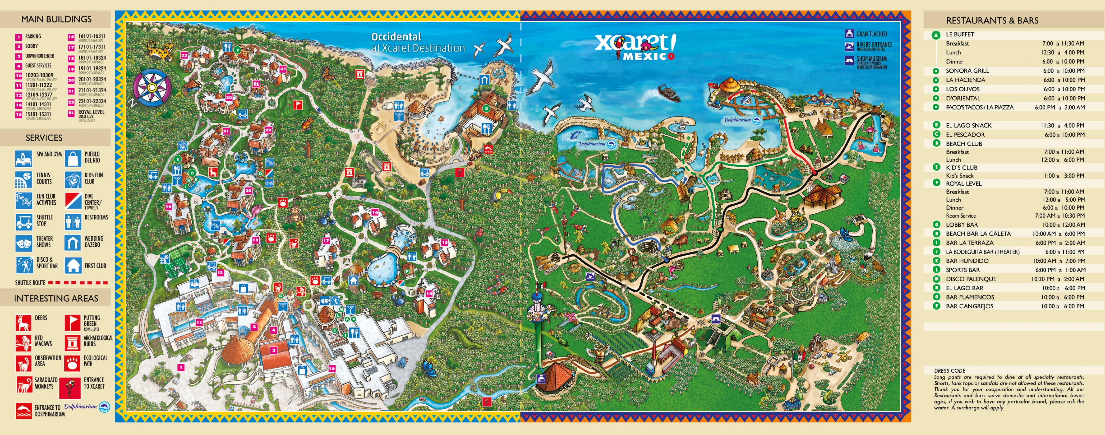 Occidental at Xcaret Destination resort map with numbered buildings, pools, restaurants, bars, services and a map legend. Xcaret park is shown to the right.