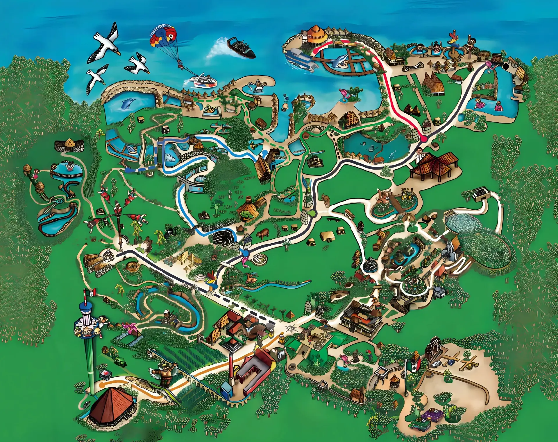 Illustrated Xcaret park map showing the coast at the top, park paths, attractions and entrance near the bottom.